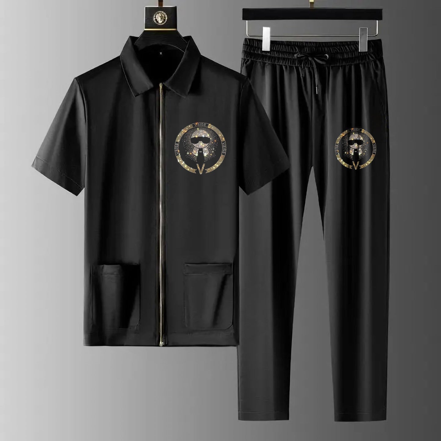 Luxury Men Zipper Rhinestone Co-Ord Set (TIE)