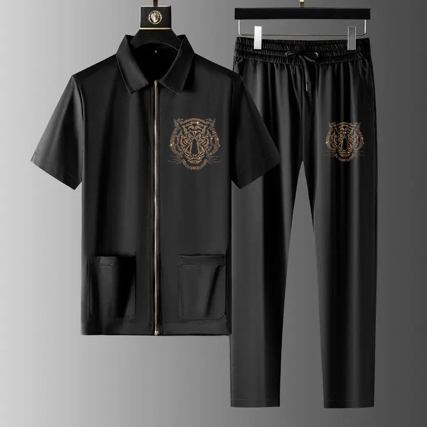 Luxury Men Zipper Rhinestone Co-Ord Set (TIGER 1)