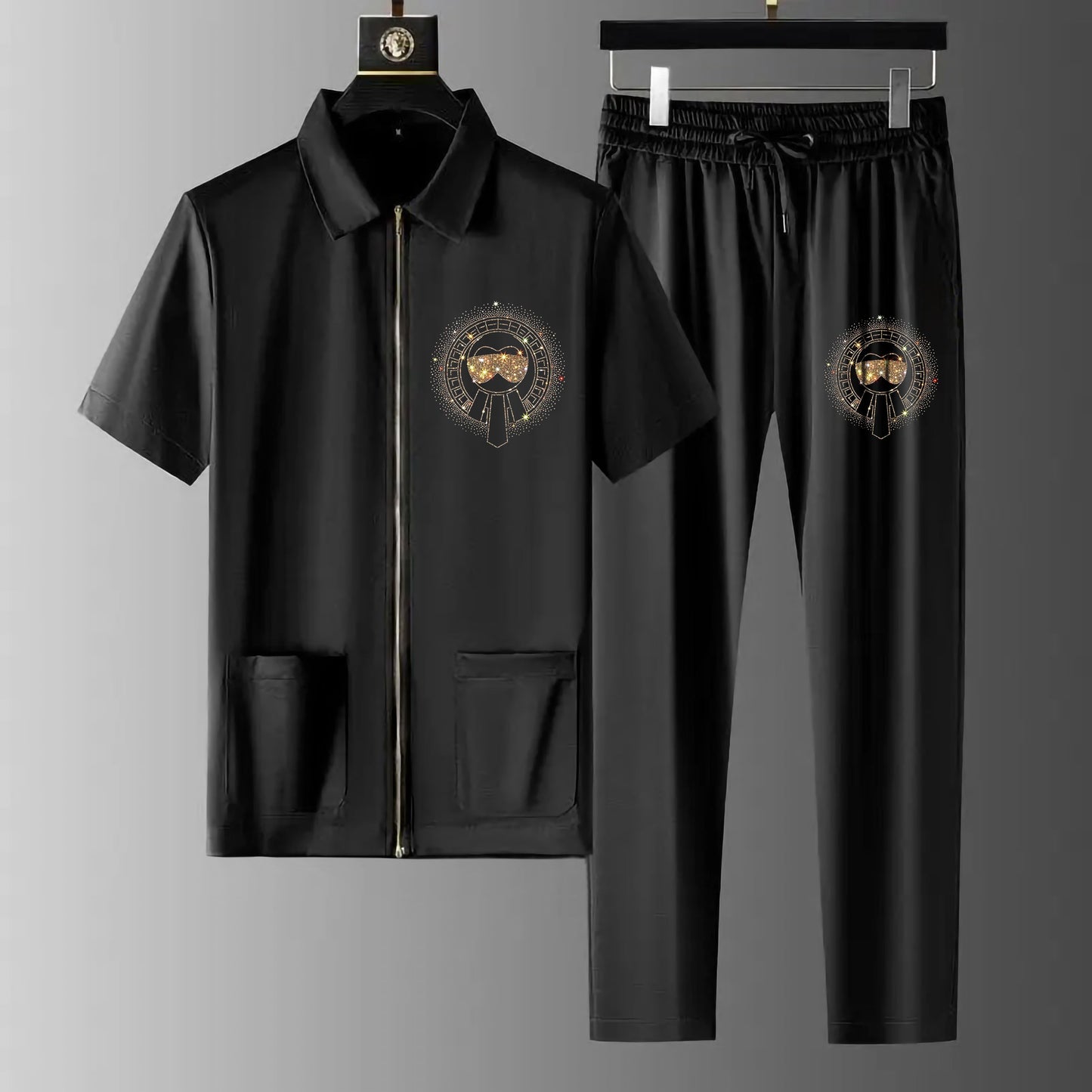 Luxury Men Zipper Rhinestone Co-Ord Set (GLASSES)