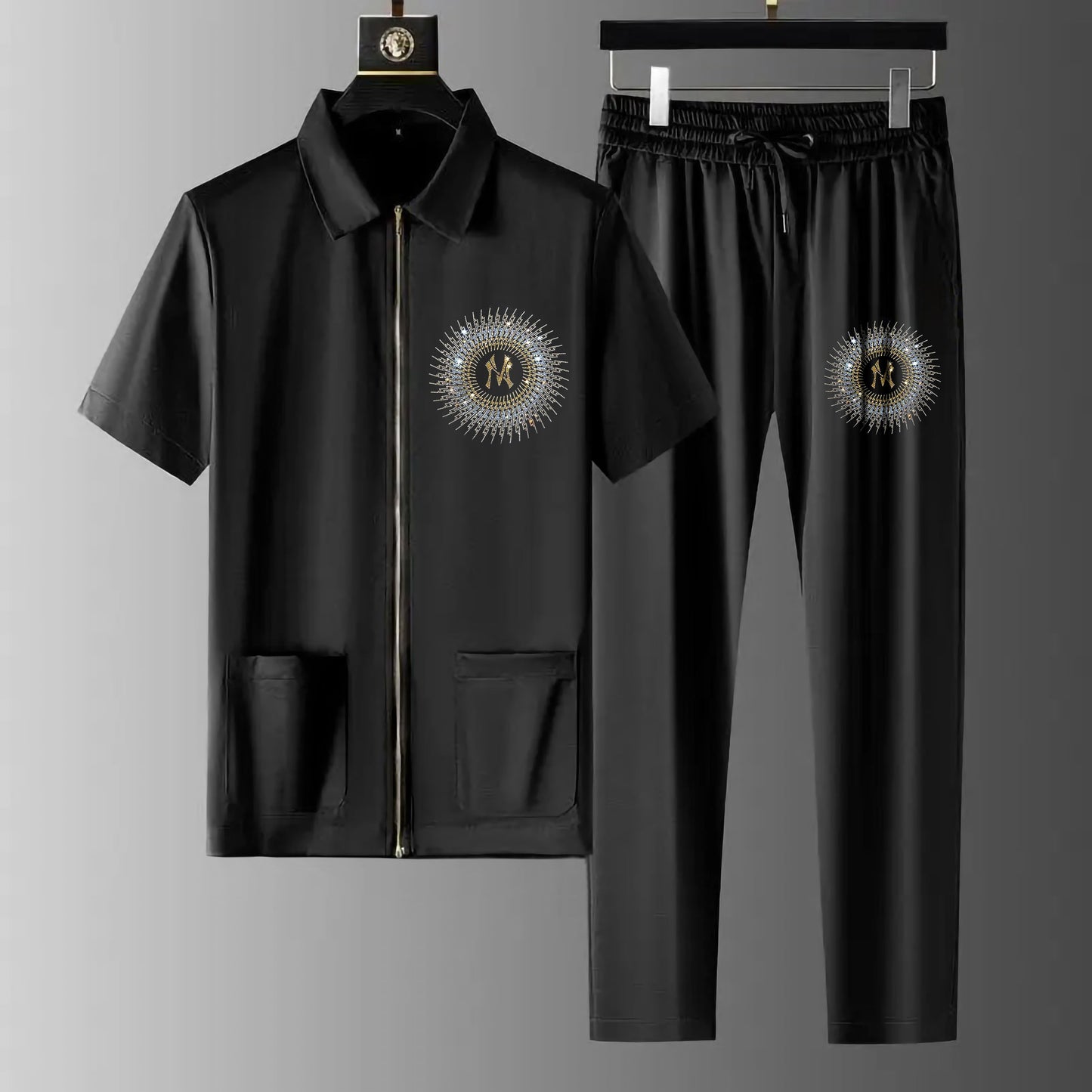 Luxury Men Zipper Rhinestone Co-Ord Set (NCIRCLE)