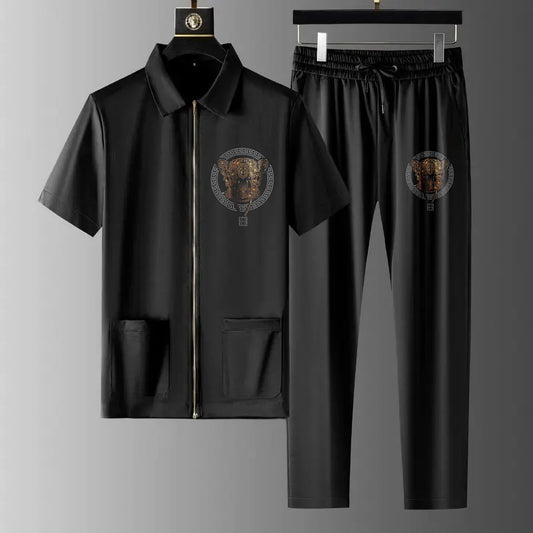 Luxury Men Zipper Rhinestone Co-Ord Set (TIGERLOCK)