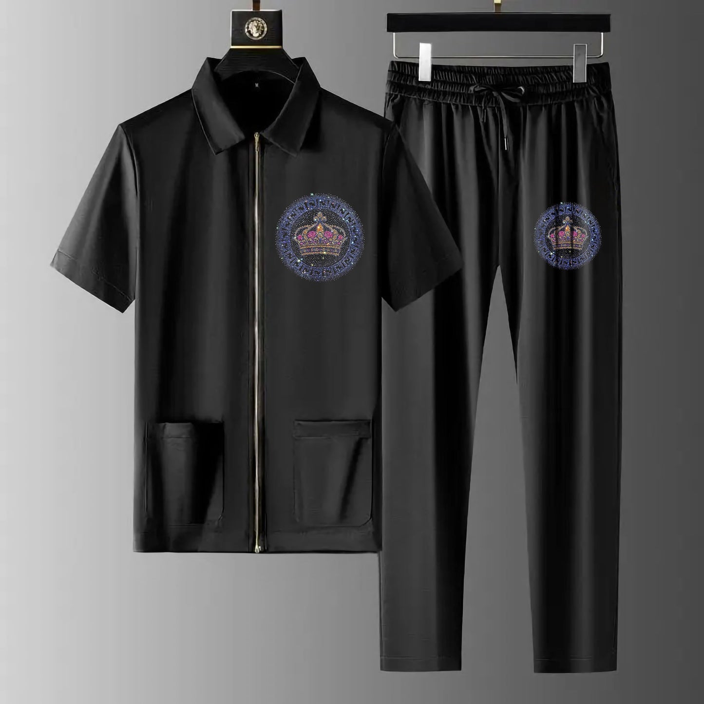 Luxury Men Zipper Rhinestone Co-Ord Set (CROWN)
