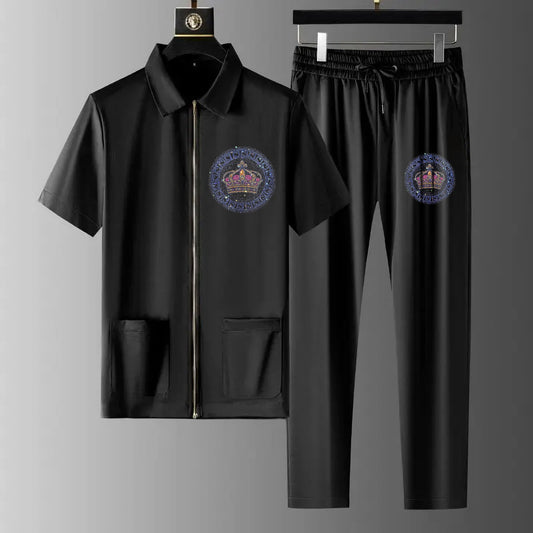Luxury Men Zipper Rhinestone Co-Ord Set (CROWN)