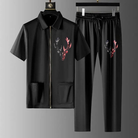 Luxury Men Zipper Rhinestone Co-Ord Set (DEER)