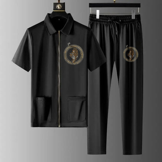 Luxury Men Zipper Rhinestone Co-Ord Set (TIGER 4)